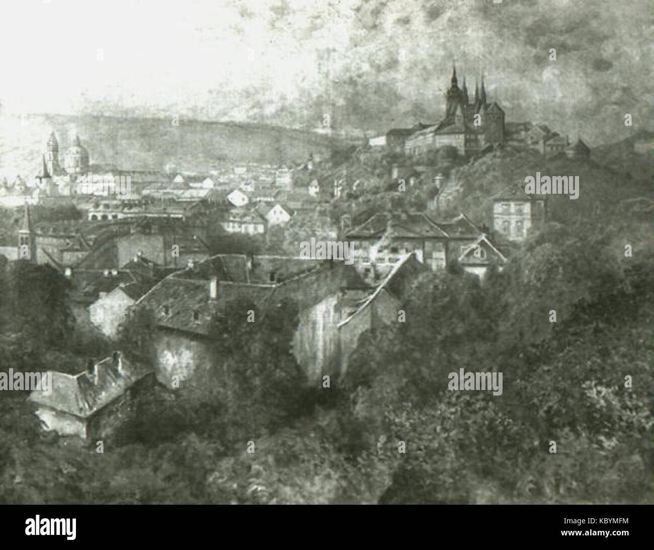 This photograph, taken by Ferdinand Engelmuller, shows a view of the Hradcany district from the Hanavsky Pavilion in Prague. It captures an iconic scene of Czech architecture and historical landmarks in 1920s Prague. Stock Photo