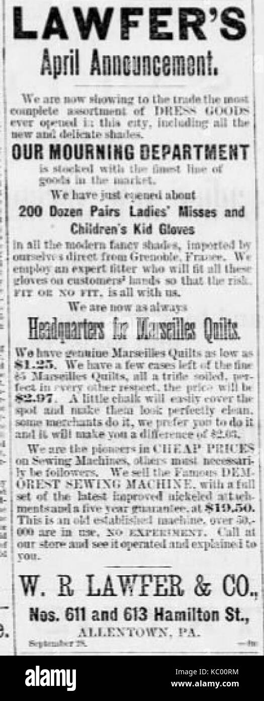 1893 W R Lawfer Company Newspaper Ad Allentown PA Stock Photo Alamy