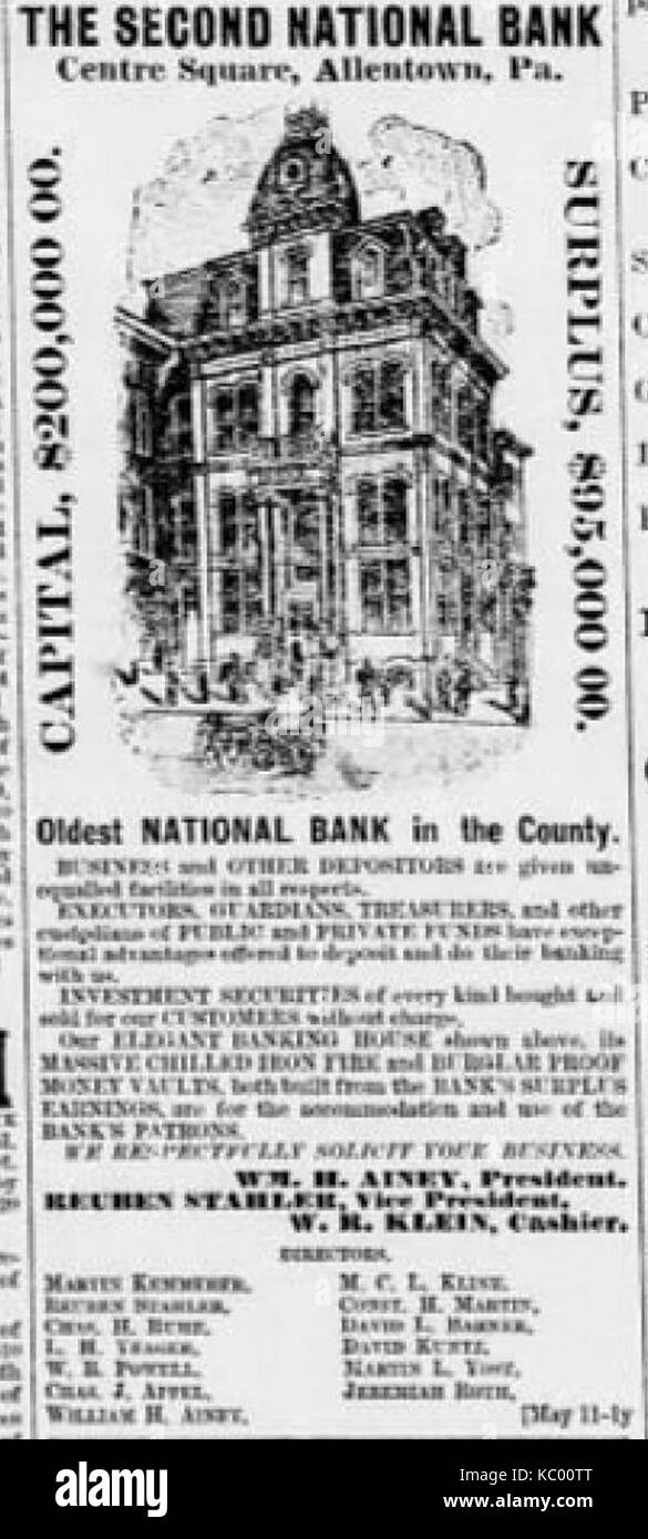 1892 Second National Bank Newspaper Ad Allentown PA Stock Photo Alamy