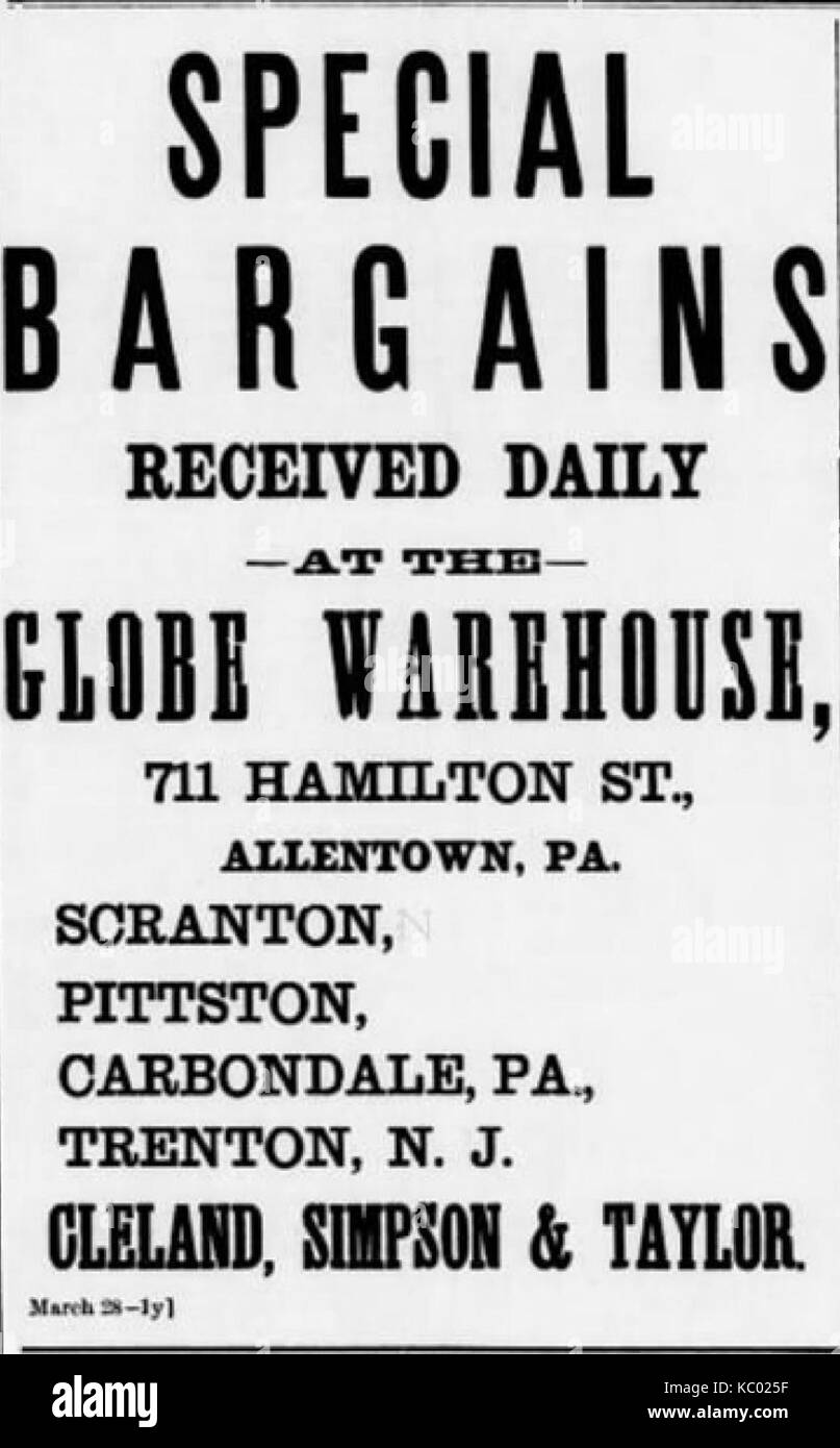 1889 Globe Warehouse Newspaper Ad Allentown PA Stock Photo Alamy