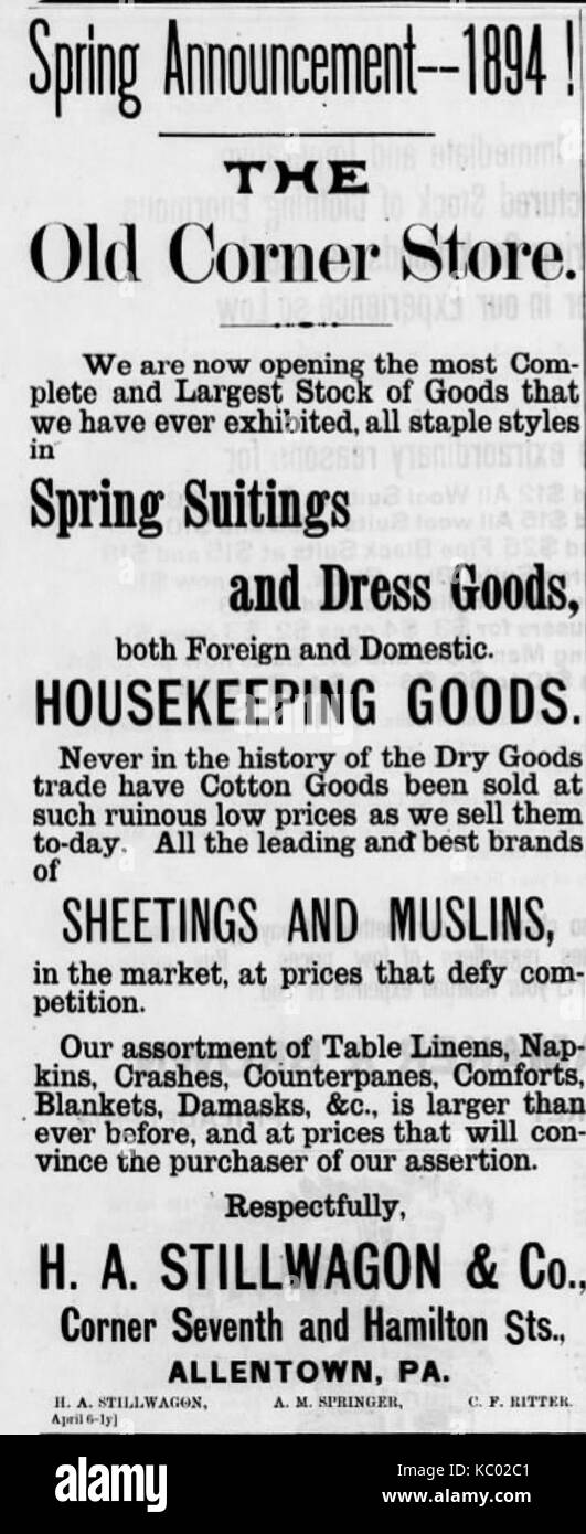 1894 H A Stillwagon Newspaper Ad Allentown PA Stock Photo Alamy