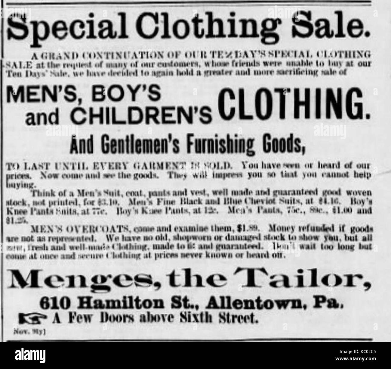 1894 Menges The Tailor Newspaper Ad Allentown PA Stock Photo Alamy