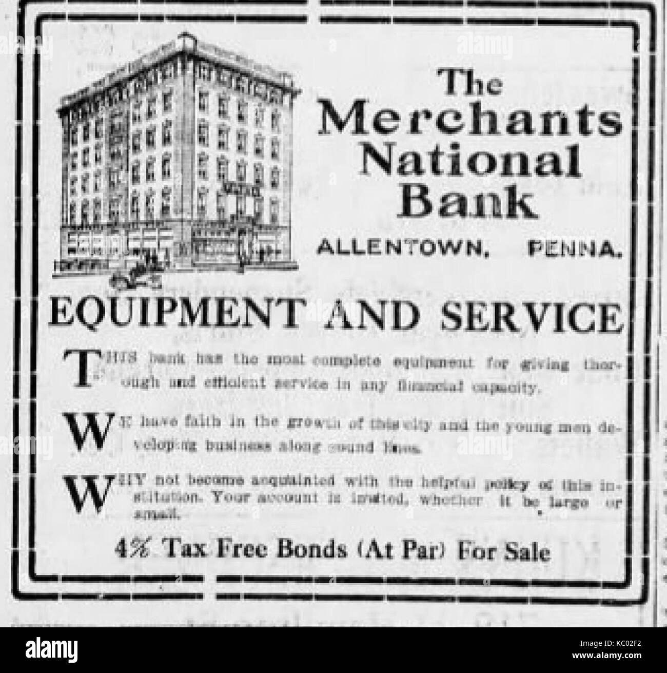 1914   Merchants National Bank Newspaper Ad2 Allentown PA Stock Photo