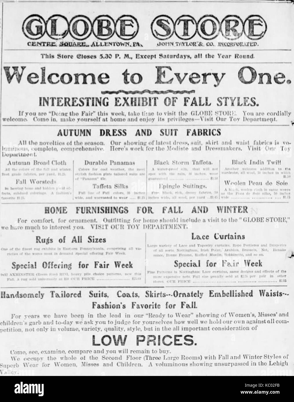 1907 Globe Store Newspaper Ad Allentown PA Stock Photo Alamy