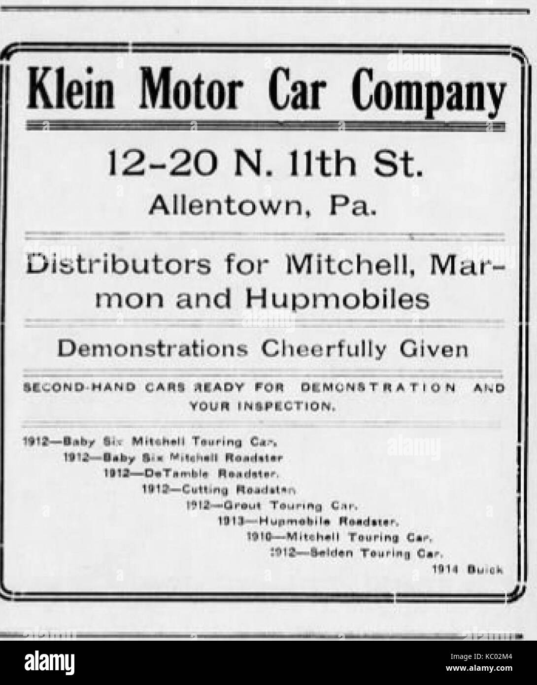 1915 Klein Motor Car Company Newspaper Ad2 Allentown PA Stock Photo Alamy
