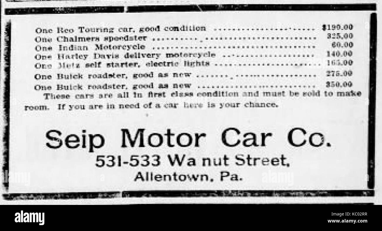 1916 Seip Motor Car Company Newspaper Ad Allentown PA Stock Photo Alamy