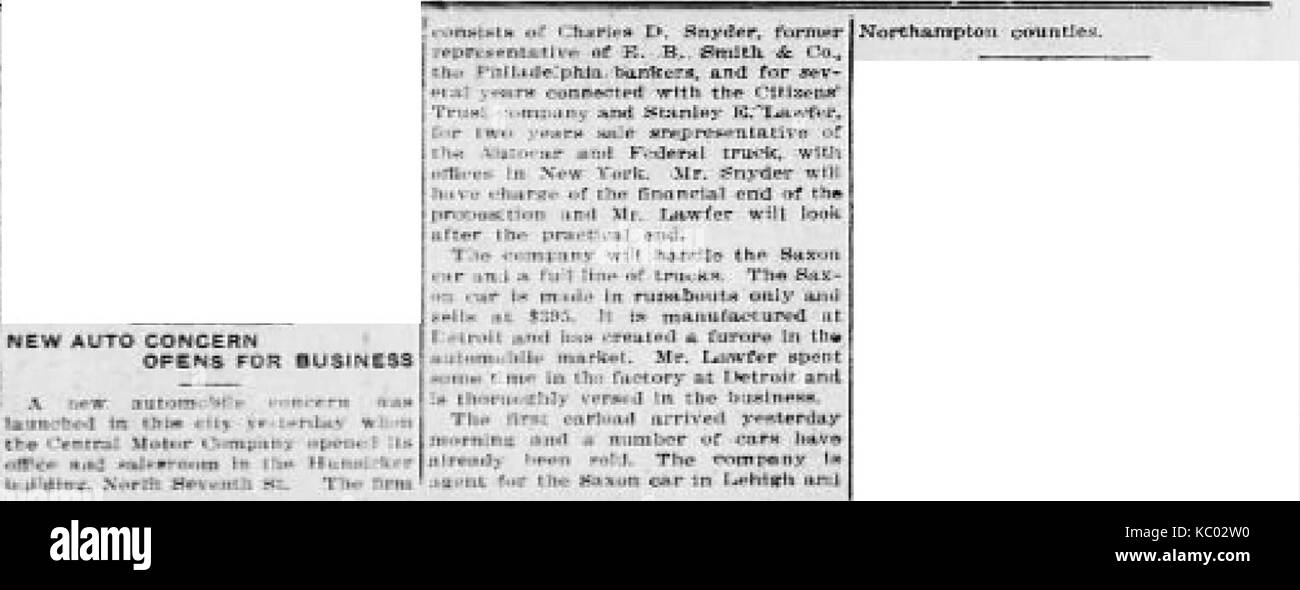 1914 Central Motor Company Newspaper Ad Allentown PA Stock Photo Alamy