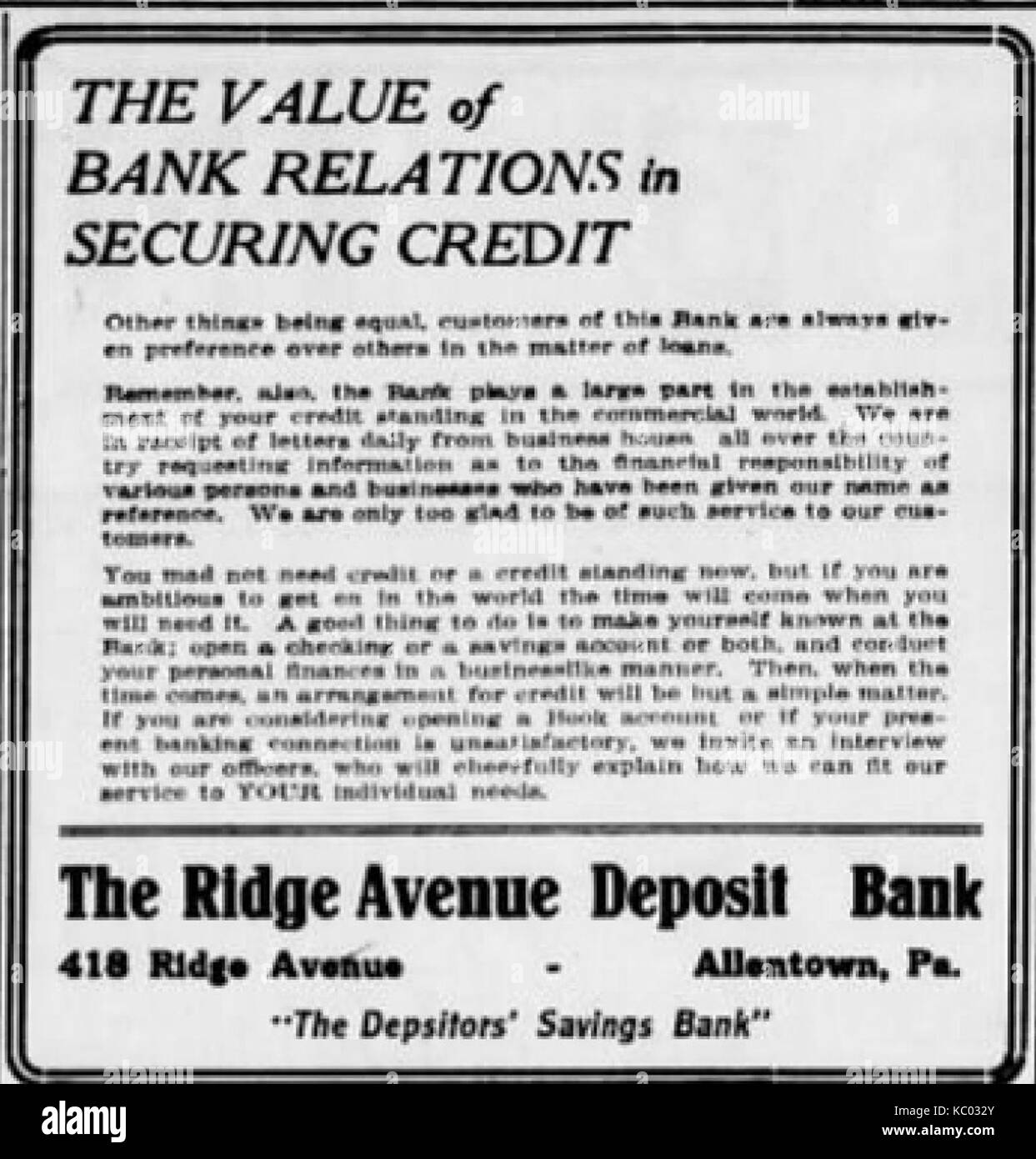 1915 Ridge Avenue Deposit Bank Newspaper Ad Allentown PA Stock Photo Alamy