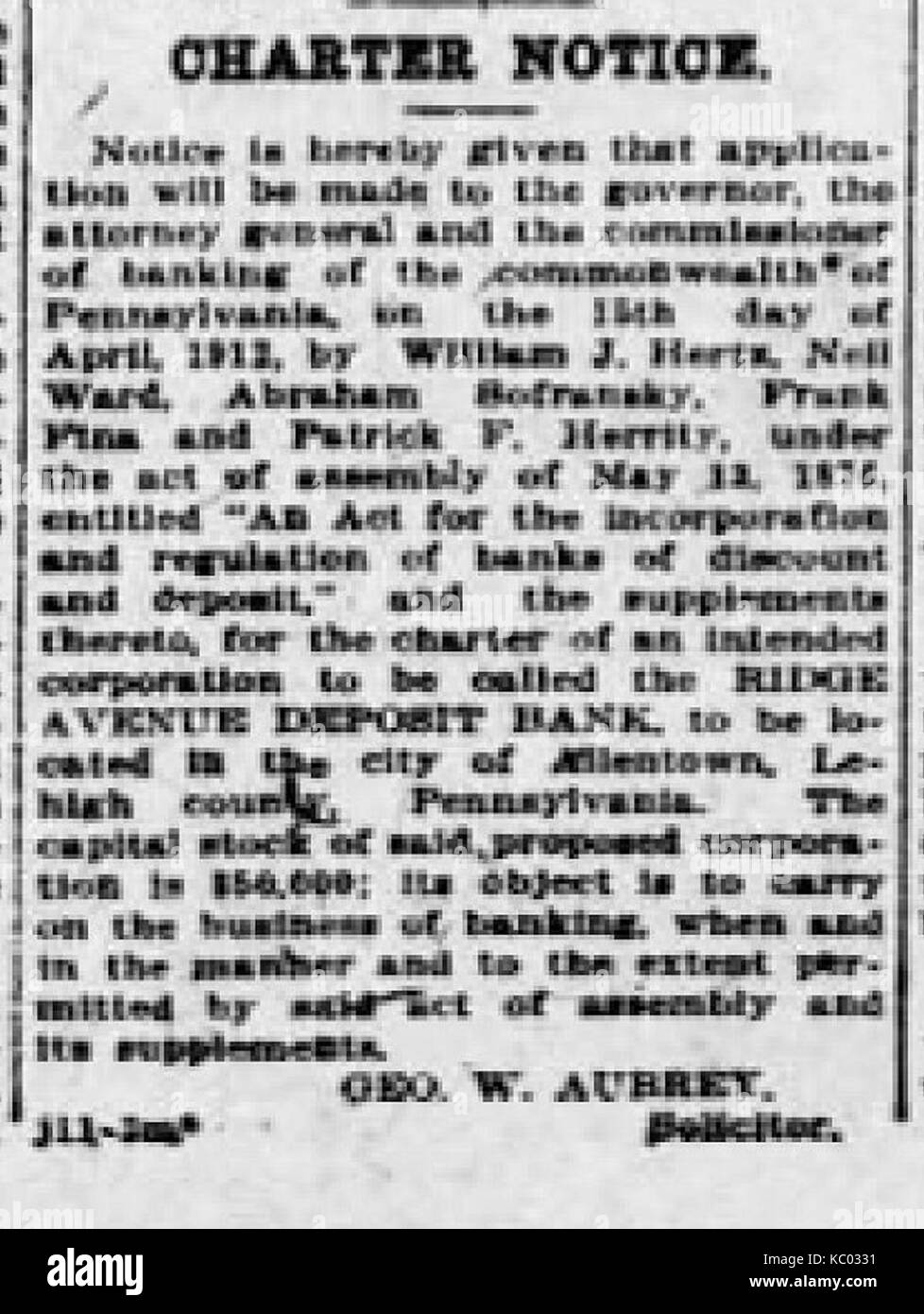 1912 Ridge Avenue Deposit Bank Newspaper Ad Allentown PA Stock Photo Alamy