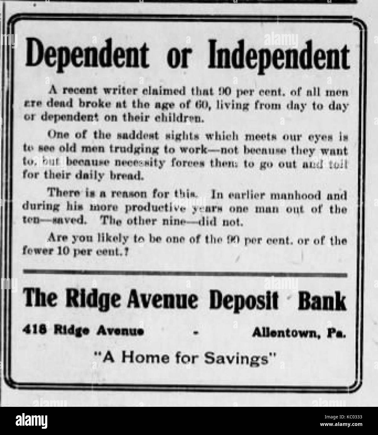 1915 Ridge Avenue Deposit Bank Newspaper Ad3 Allentown PA Stock Photo