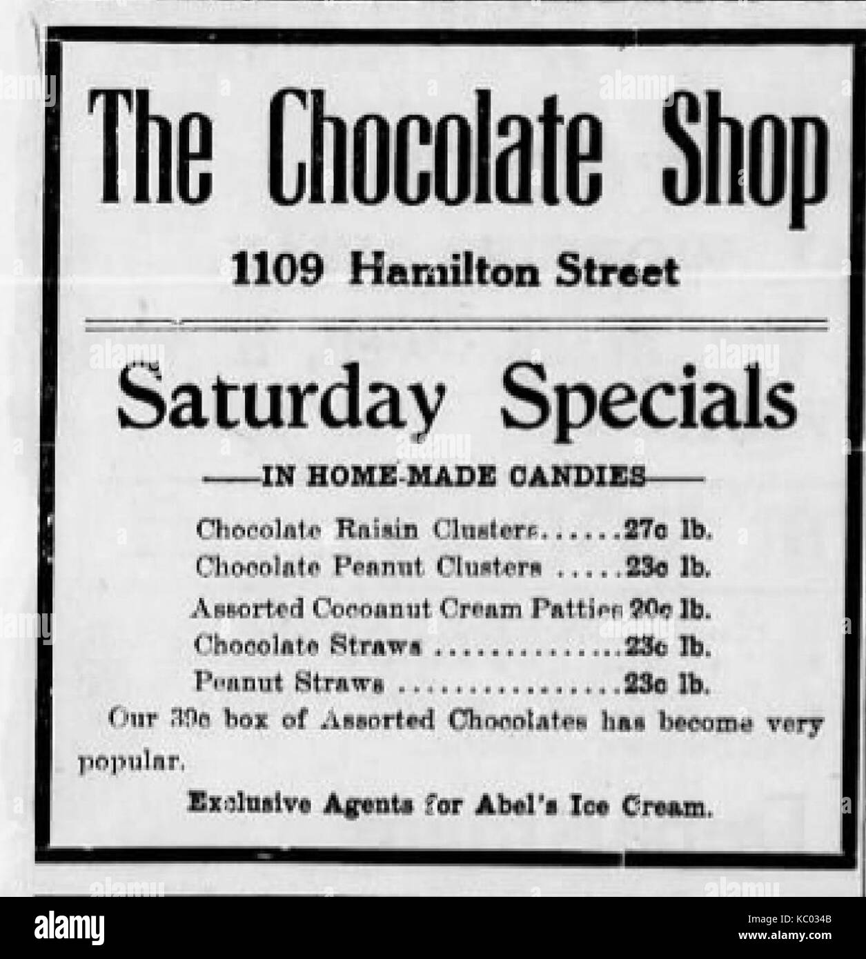 1914 The Chocolate Shop Newspaper Ad2 Allentown PA Stock Photo Alamy