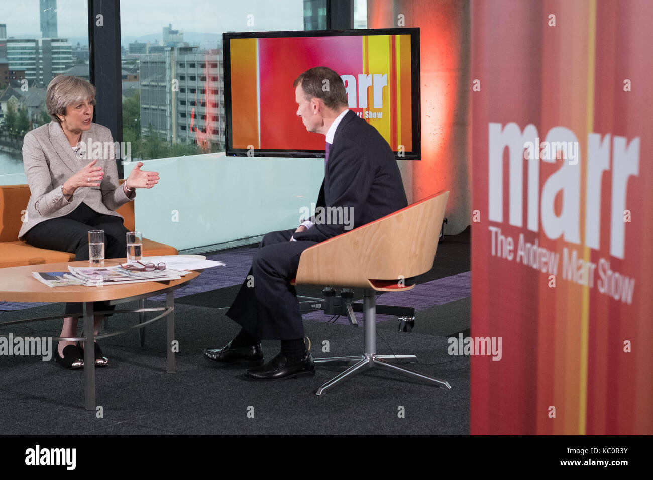 Prime Minister Theresa May being interviewed by Andrew Marr on the BBC One current affairs programme, The Andrew Marr Show at Media City in Salford ahead of the Conservative Party conference. Stock Photo