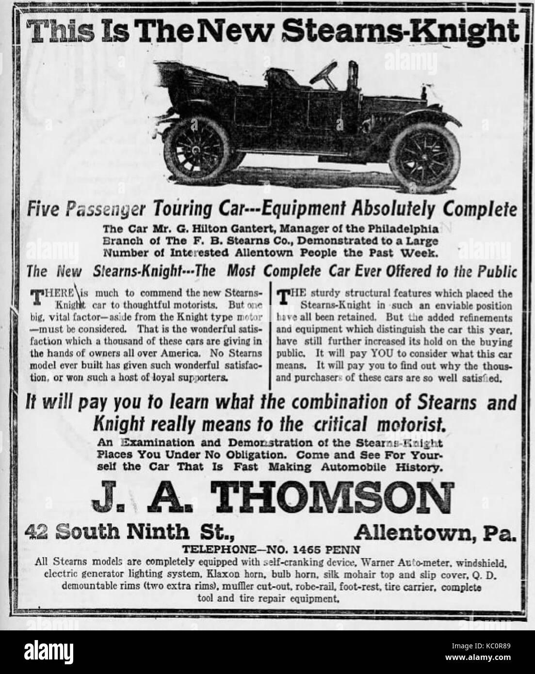 1912   J A Thomson Newspaper Ad Allentown PA Stock Photo