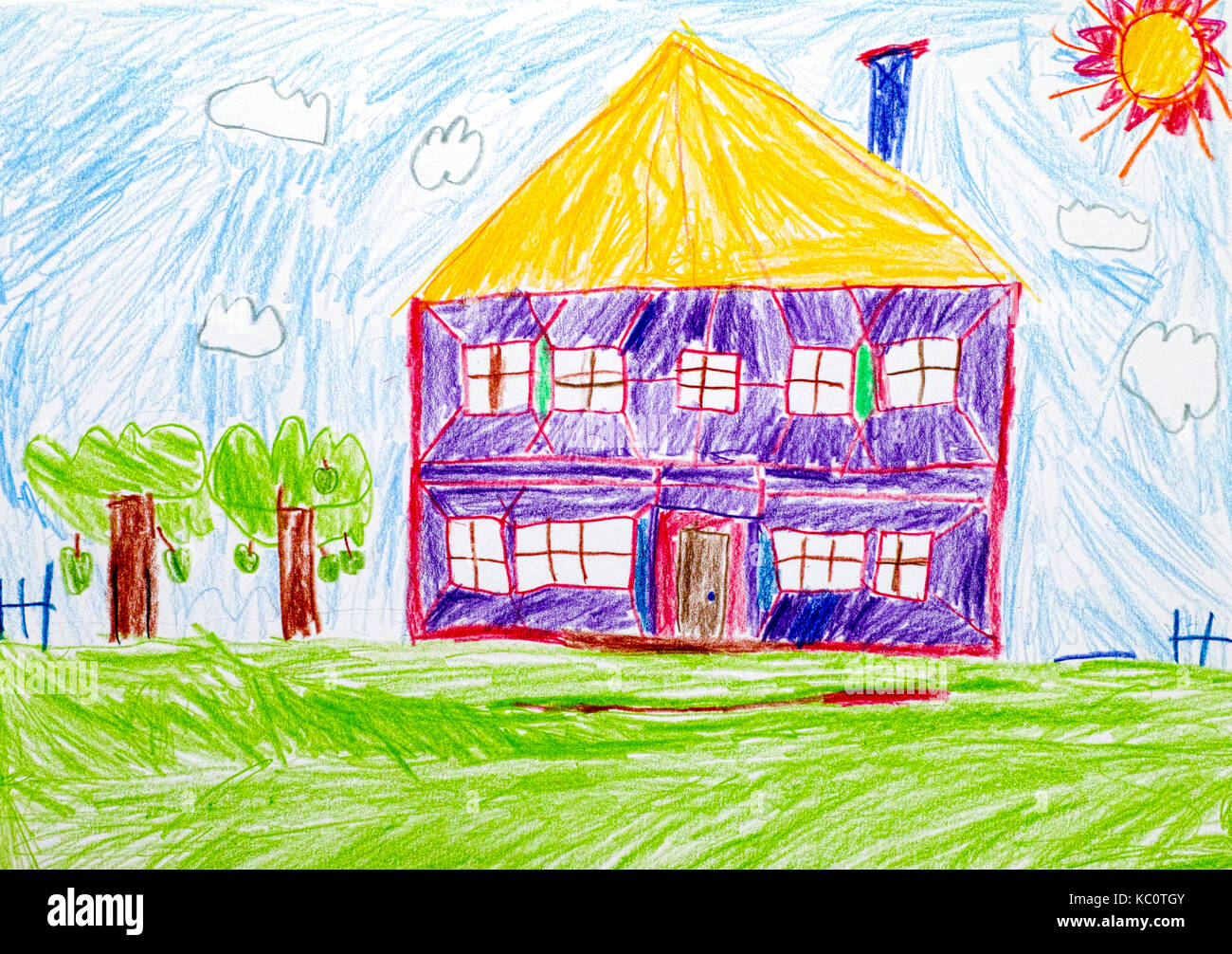 Child pencil hand drawing. Purple house with yellow roof,  apple trees, green grass and sun in blue sky. Stock Photo