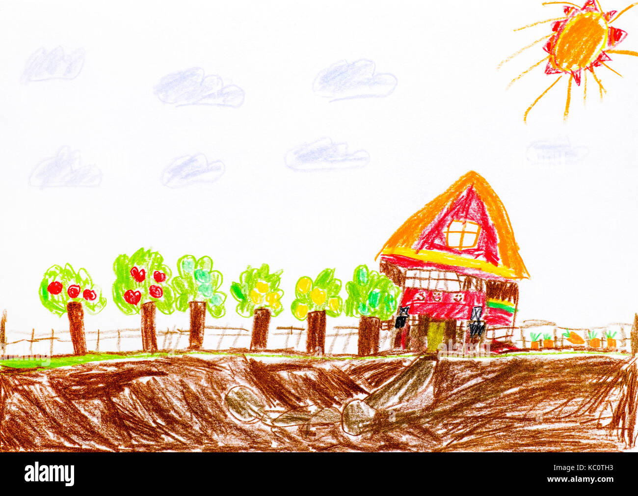 Child pencil hand drawing. House with apple orchard and garden. Stock Photo