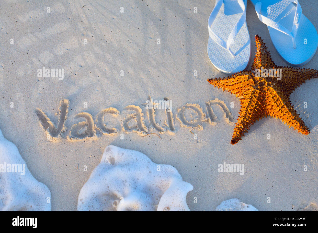 Art starfish and flip flops on a tropical beach. Summer vacation