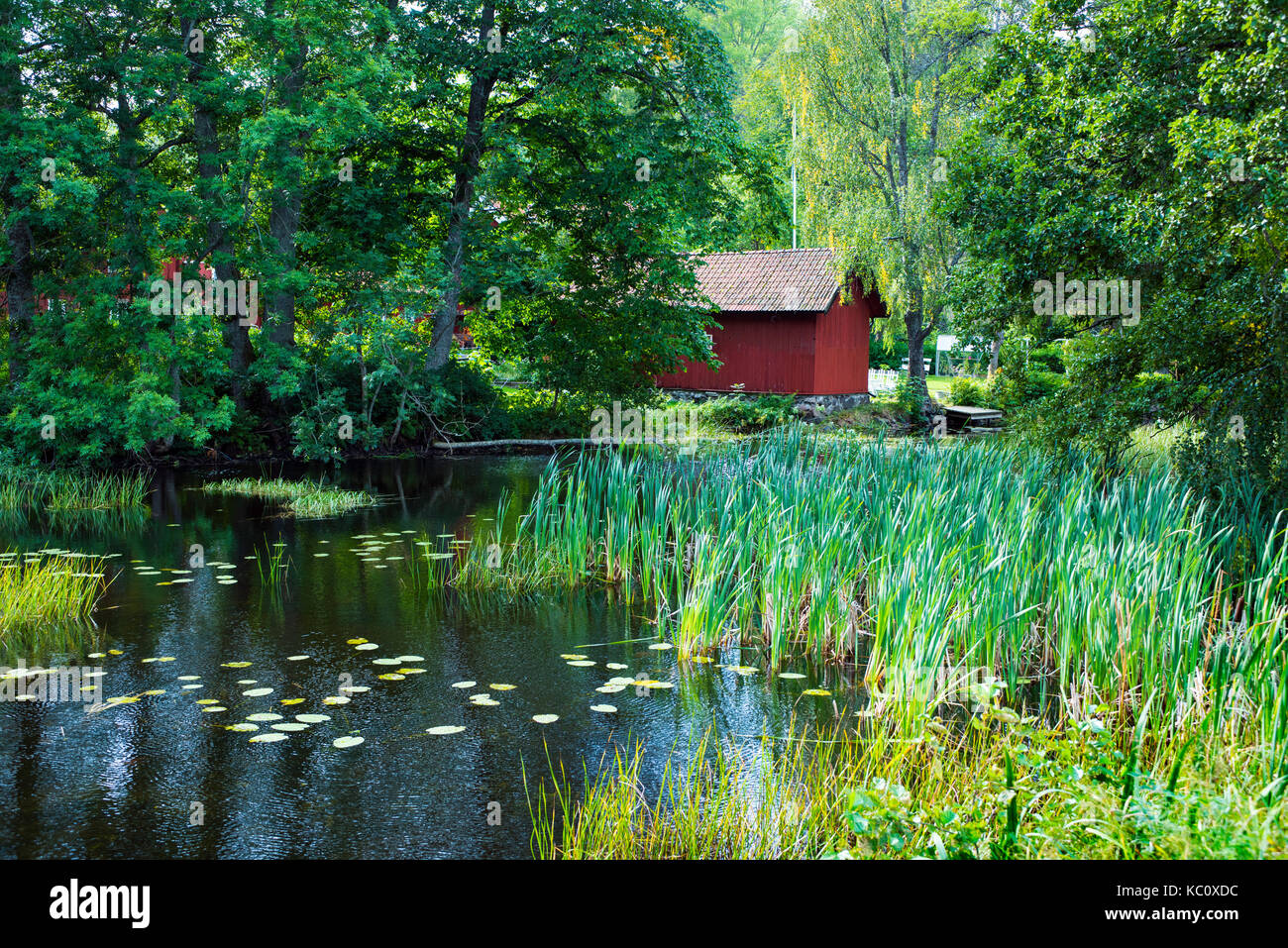 Traditional red cottages next to a scenic pond in Wira Bruk, Sweden