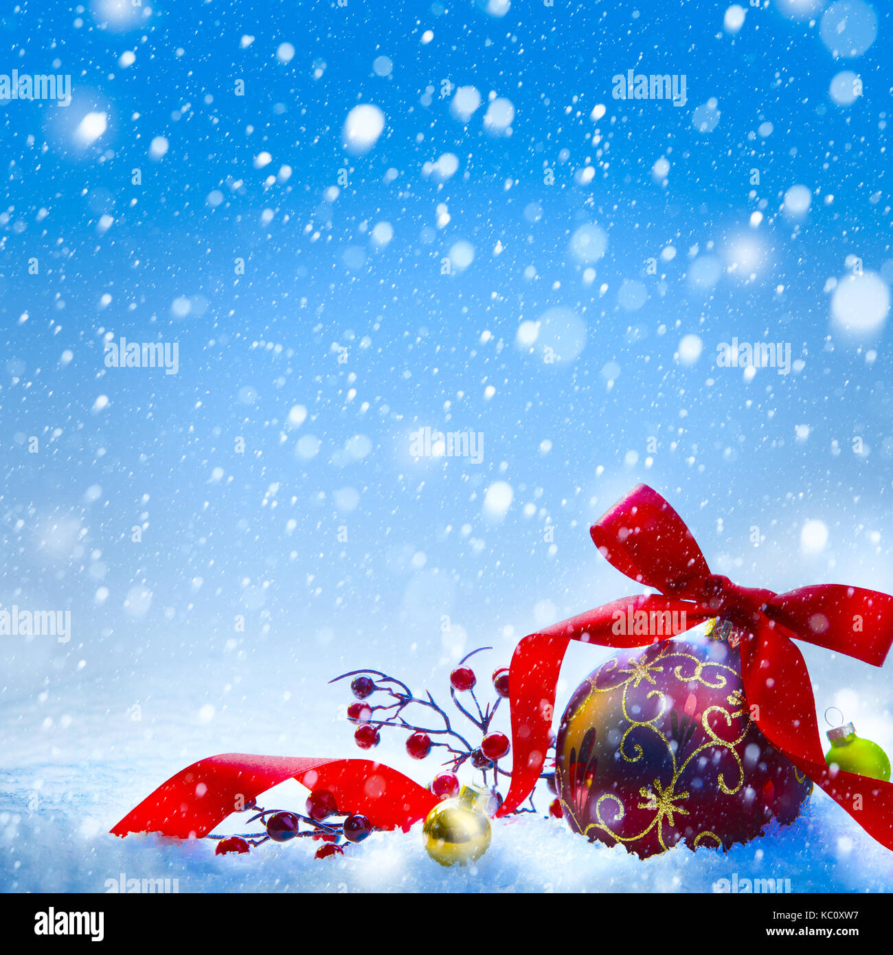 Art Christmas background with fir twigs and red balls on snow Stock ...