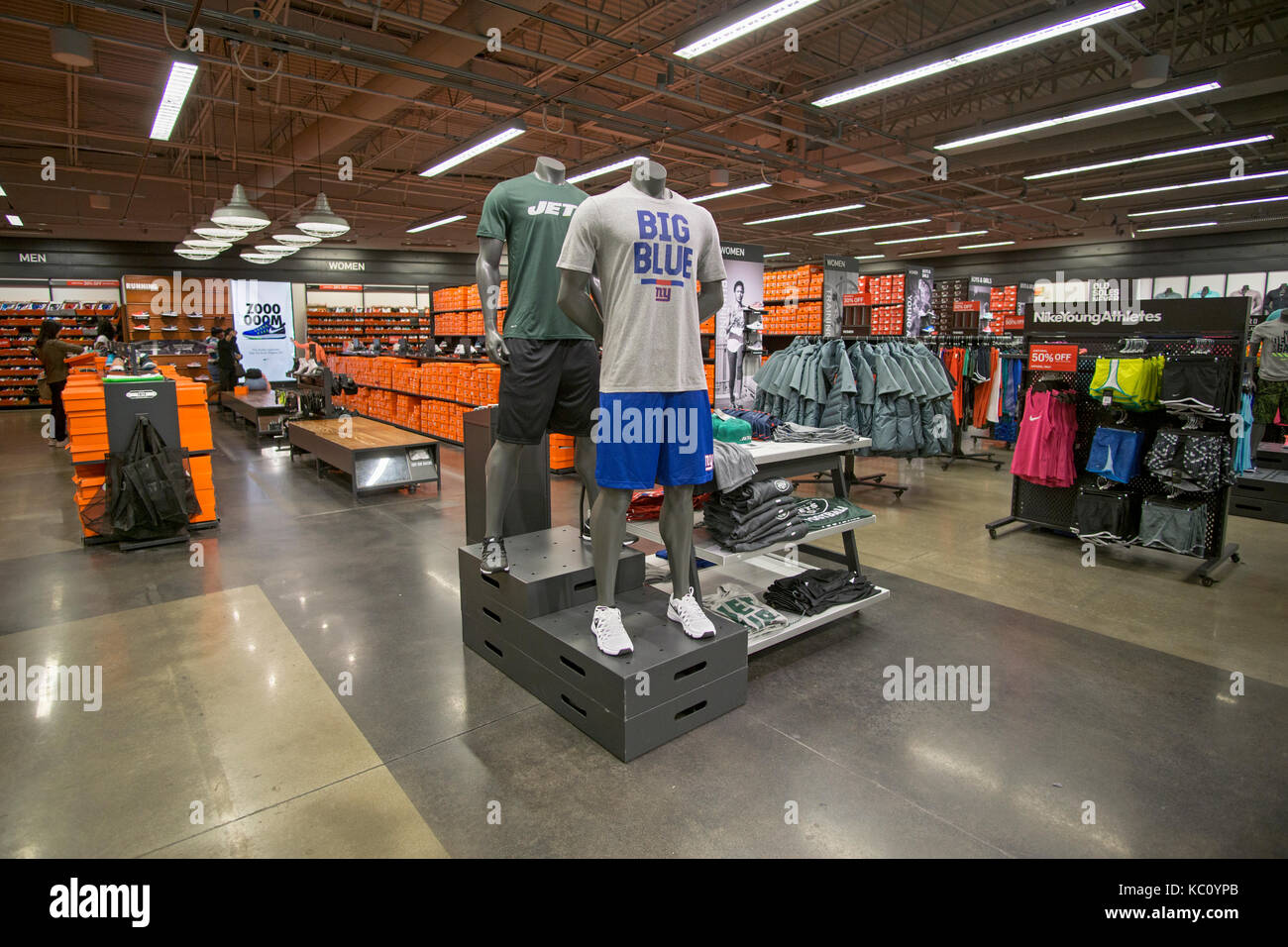 The interior of the Nike Factory Store at the Tanger Outlet Mall in Deer Park Long Island, New York. Stock Photo