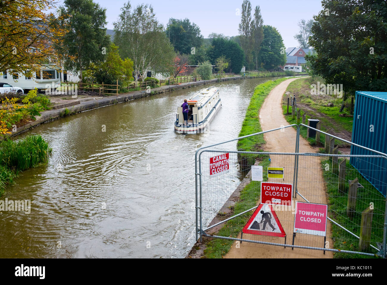 Towpath closed for improvement at Trent and Mersey Canal in Sandbach Cheshire UK Stock Photo