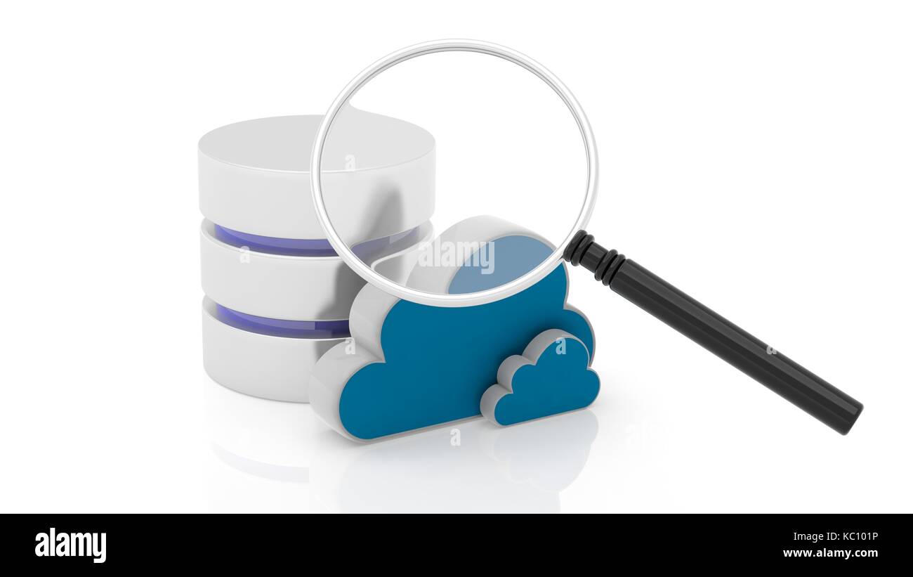 Database, cloud and magnifier icons isolated on white background. Stock Photo
