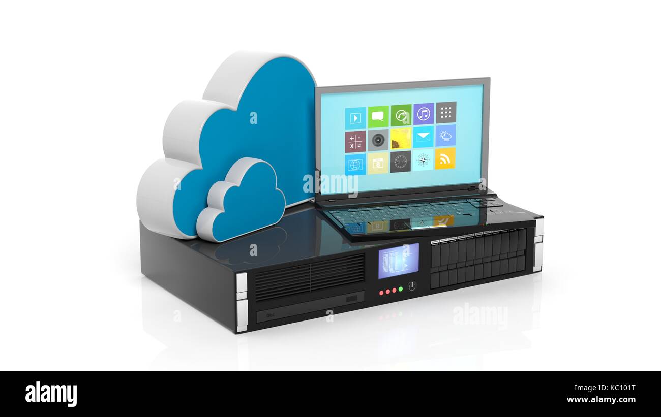 Server rack, cloud and laptop icons isolated on white background. Stock Photo