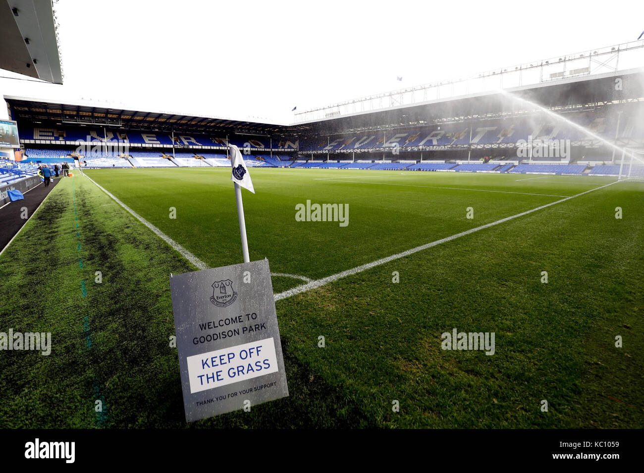 General view of a Welcome to Goodison Park keep off the grass sign pitchside ahead of the Premier League match at Goodison Park, Liverpool. Stock Photo