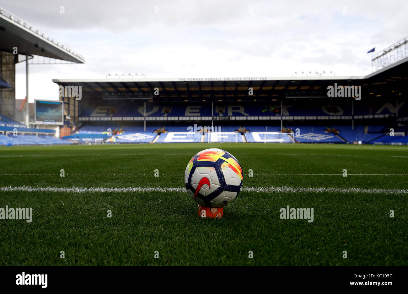General view of the ground and a match ball pitchside ahead of the Premier League match at Goodison Park, Liverpool. Stock Photo