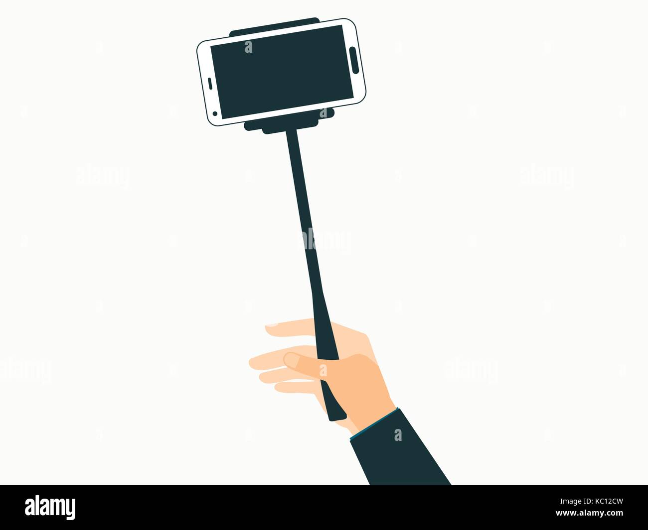 Hand holds a selfie stick with smartphones. Vector illustration. Stock Vector