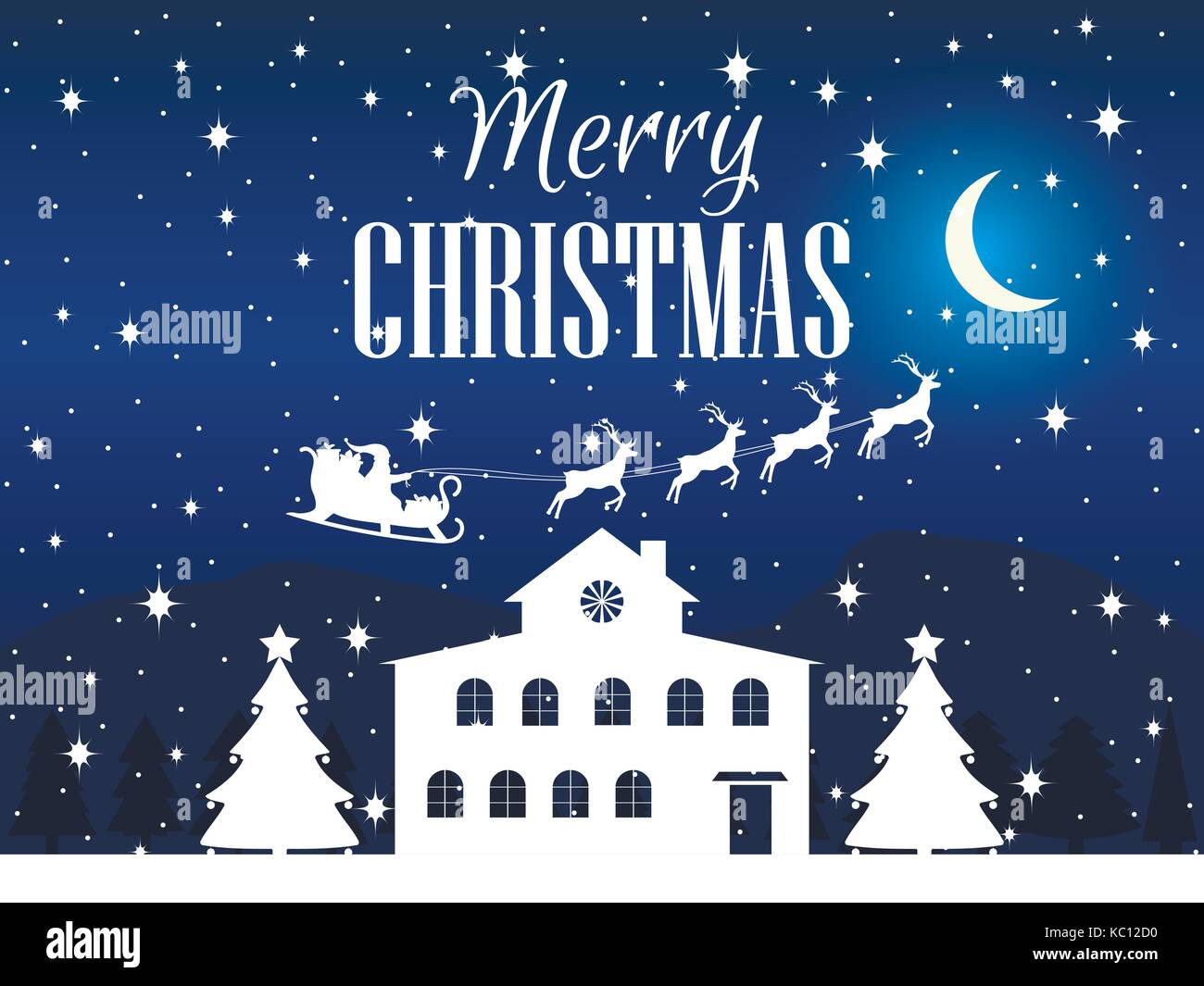 Merry Christmas. Winter landscape with houses, fir trees and snowflakes ...