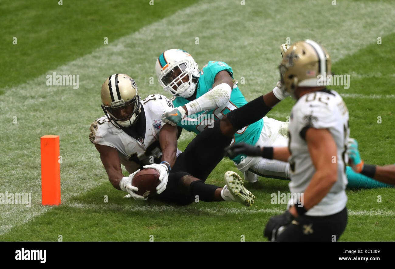 New Orleans Saints' Michael Thomas dives in to score his sides first touchdown during the NFL International Series match at Wembley Stadium, London. Stock Photo
