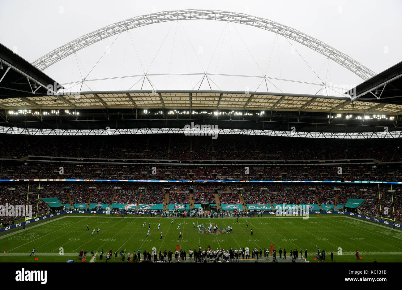 Match action between the Miami Dolphins and New Orleans Saints during the NFL International Series match at Wembley Stadium, London. Stock Photo