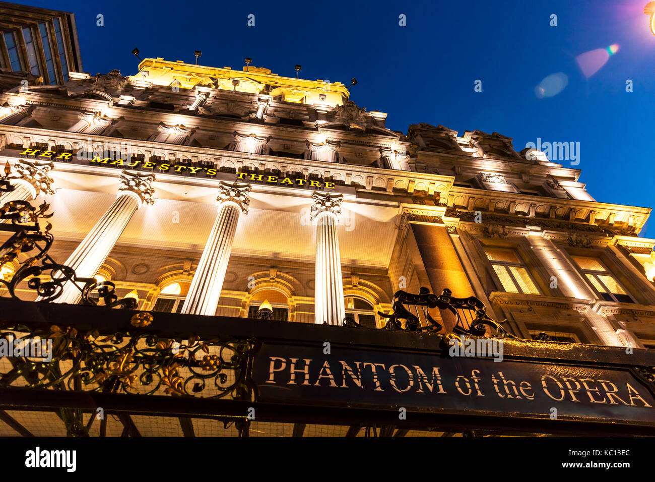 phantom of the opera theatre, Her Majesty's Theatre, Haymarket, West End, London, UK Exterior, Phantom of the Opera sign, Her Majesty's Theatre London Stock Photo