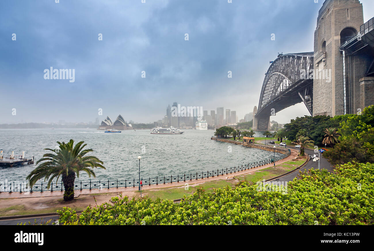 Sydney at rain with Harbor Bridge New South Wales Australia Stock Photo