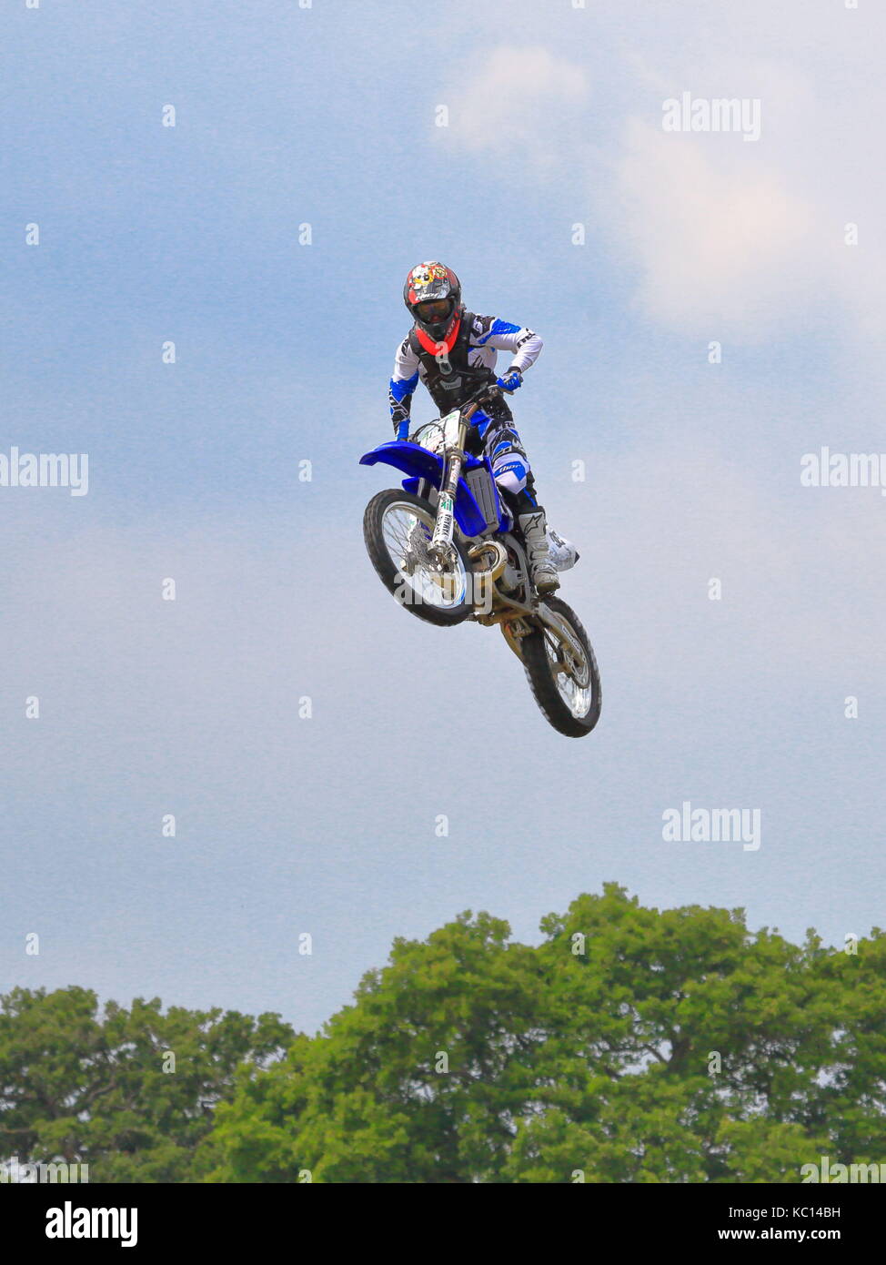 Spectacular motorcycle jumps from the Jamie Squibb Motocross Stunt Show, at the New Forest Show 2011, Hampshire UK Stock Photo