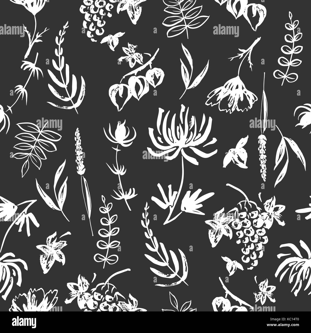 Black and white seamless patterm based on hand painted ink autumn leaves, flowers, herbs and berries Stock Vector