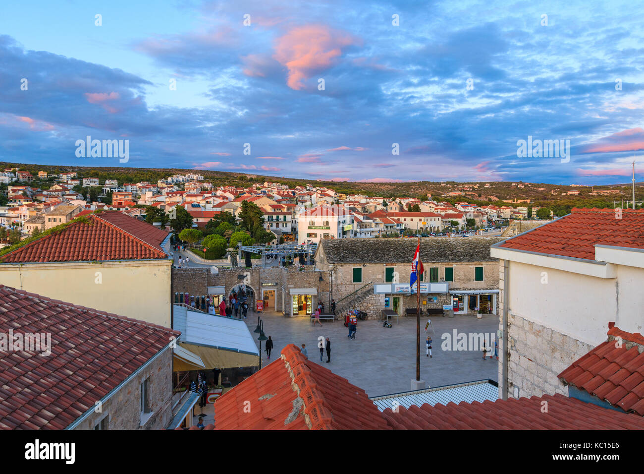 PRIMOSTEN, CROATIA - SEP 3, 2017: View of Primosten old town square at sunset time, Dalmatia, Croatia. Stock Photo