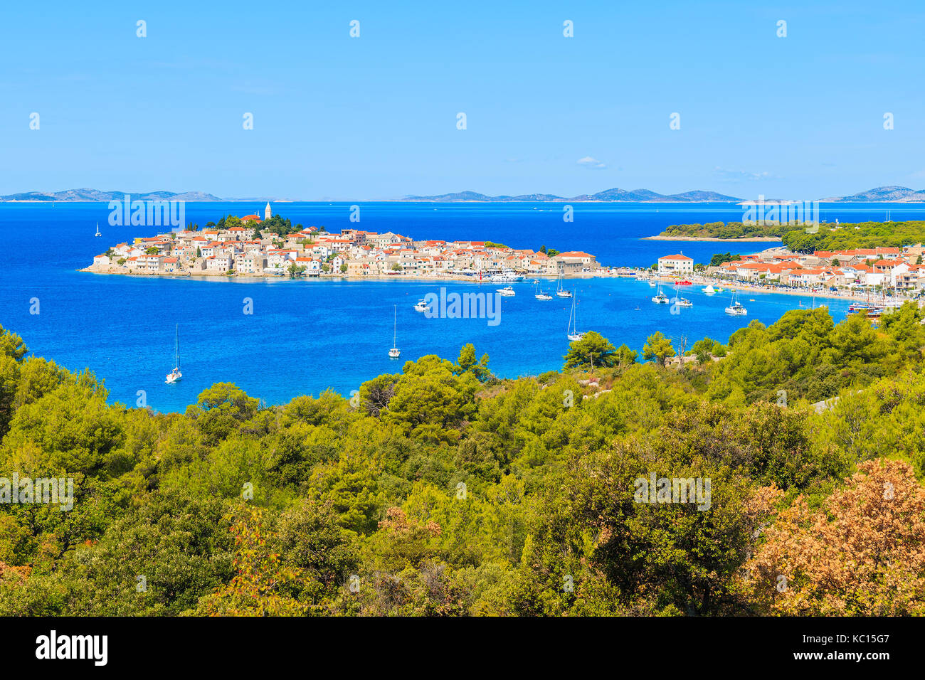 View of Primosten town and sea from high viewpoint, Dalmatia, Croatia Stock Photo