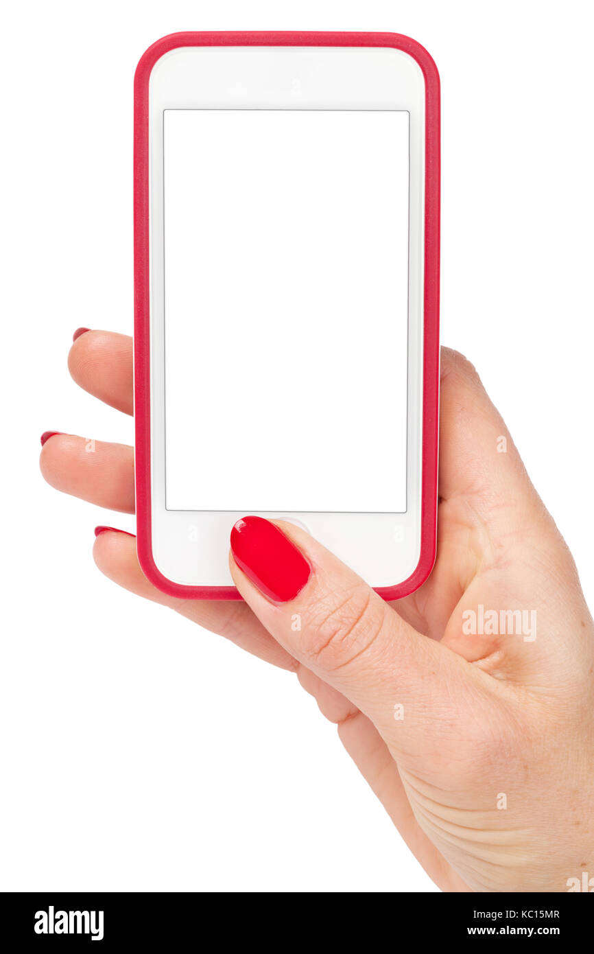 Female hand holding a smartphone. Isolated on white background Stock ...