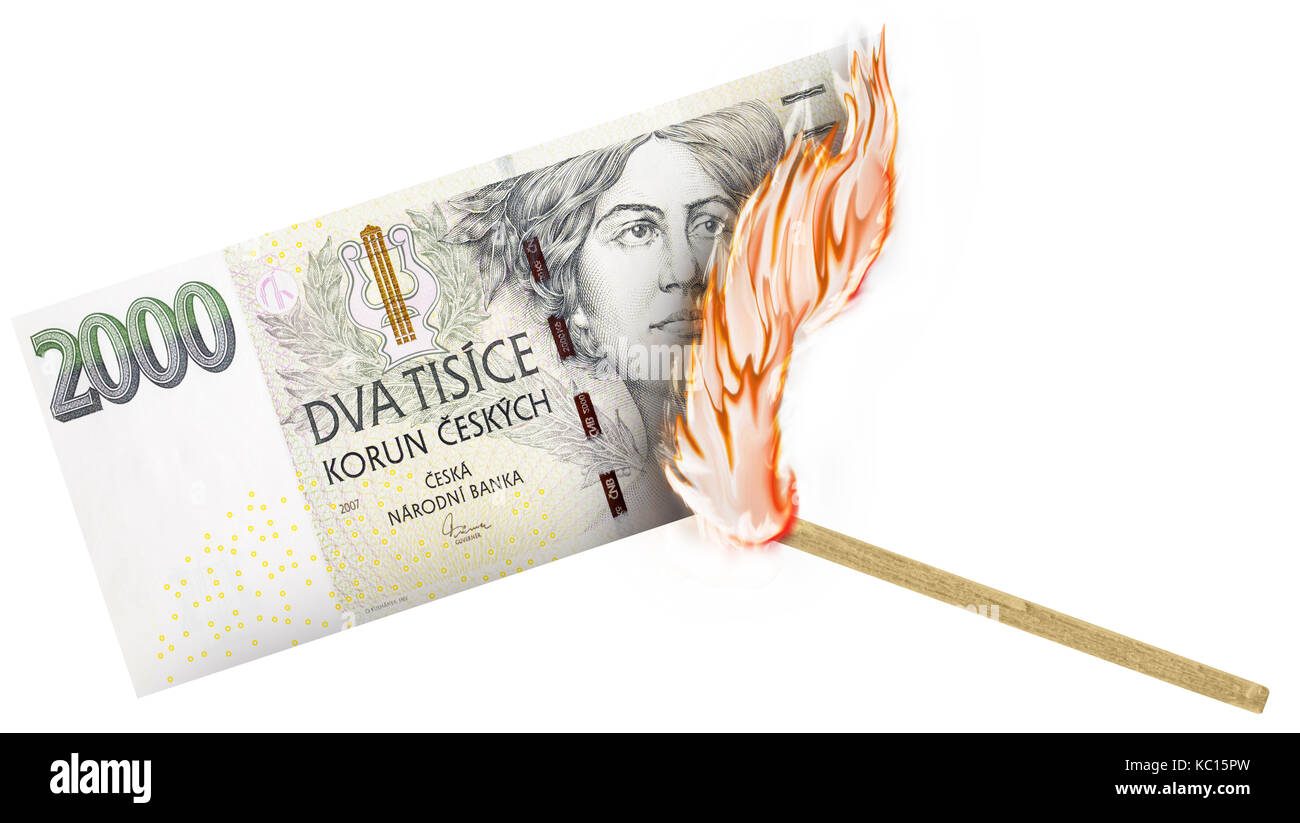 A banknote being burned by a match with burning in a big flame Stock
