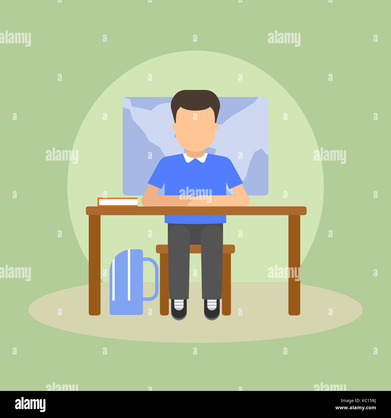 Vector image of a pupil sitting at the desk in a school at the lesson ...