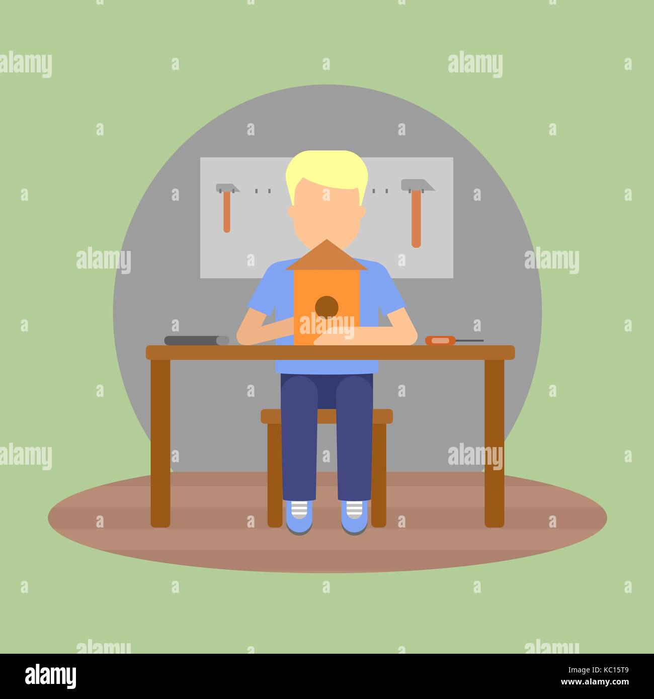 Vector image of a pupil sitting at the desk in a school at the manual ...