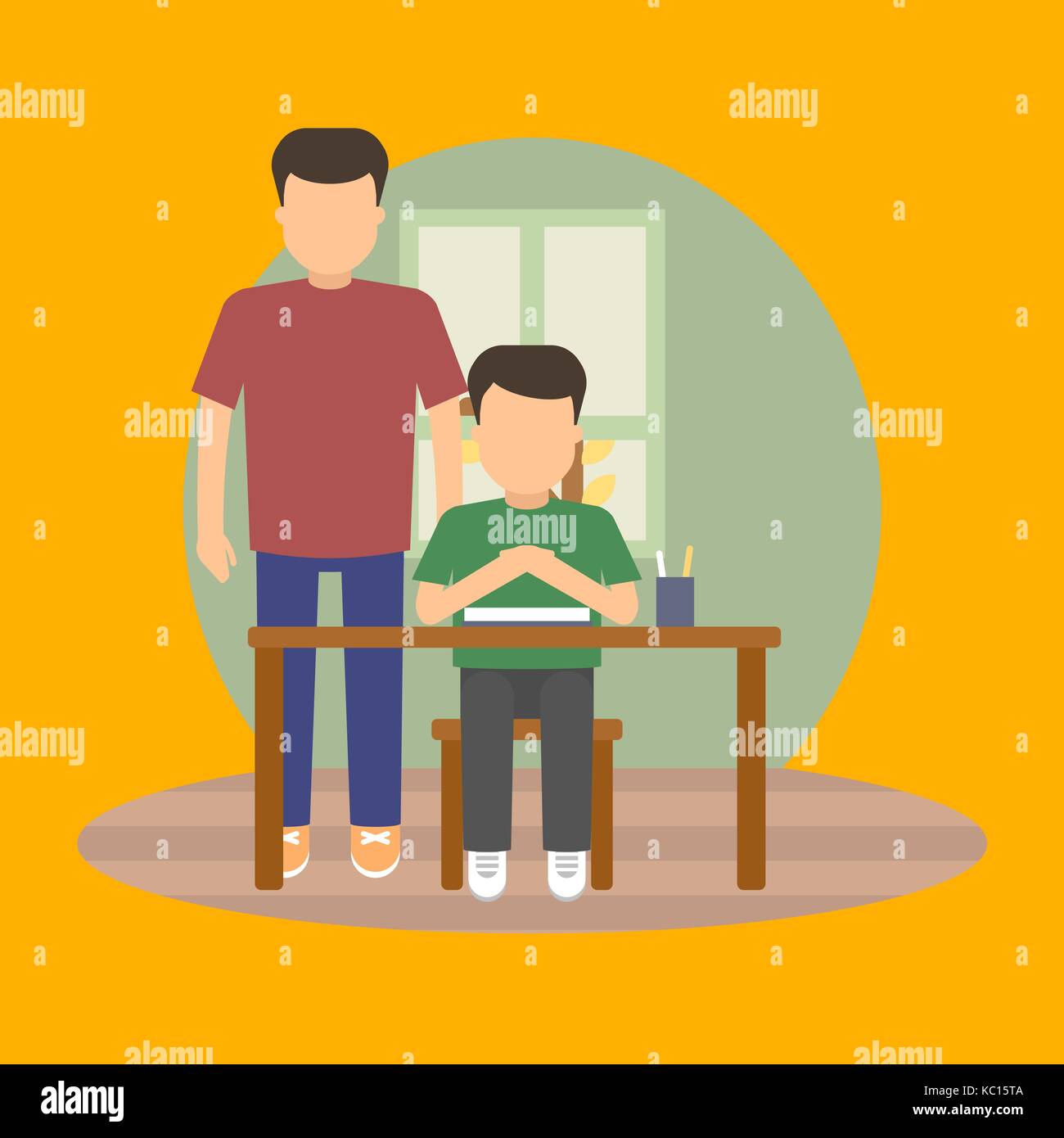 Vector image of a pupil sitting at the desk in a school at the g lesson ...
