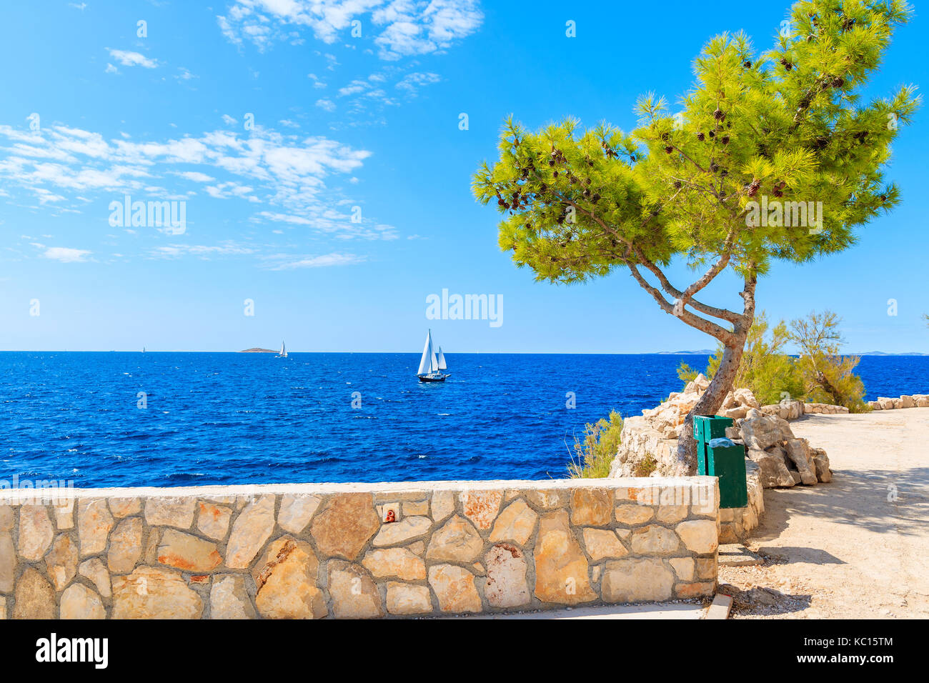 Sailing boat on blue sea with stone wall of costal promenade with green pine tree in foreground, Primosten town, Dalmatia, Croatia Stock Photo