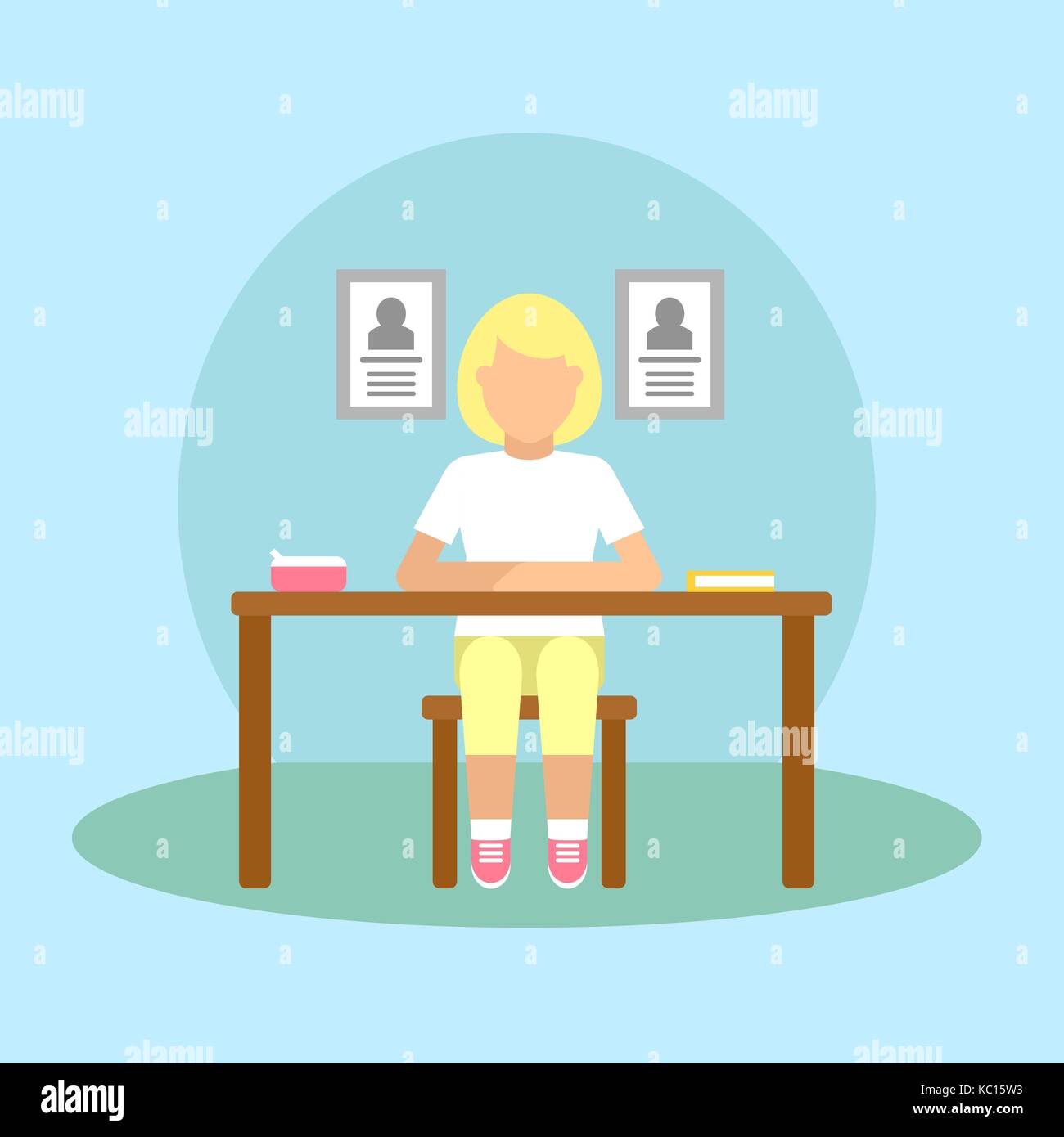 Vector image of a pupil sitting at the desk in a school at the ...