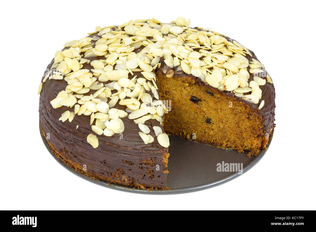 Carrot cake with almond flakes isolated on white background with clipping path Stock Photo