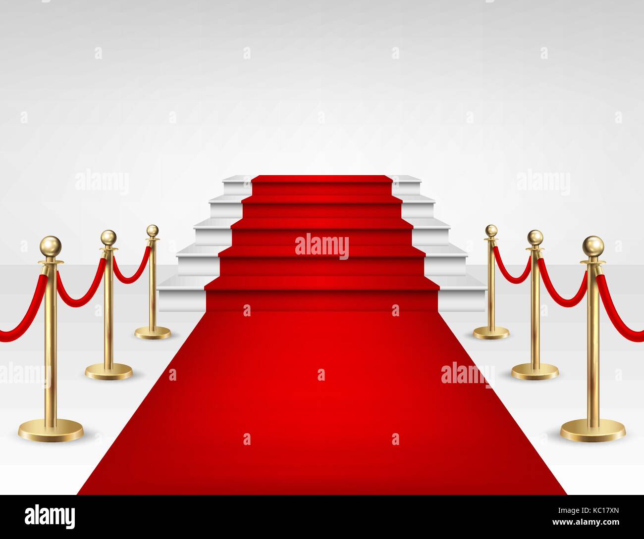 Realistic vector red event carpet, gold barriers and white stairs