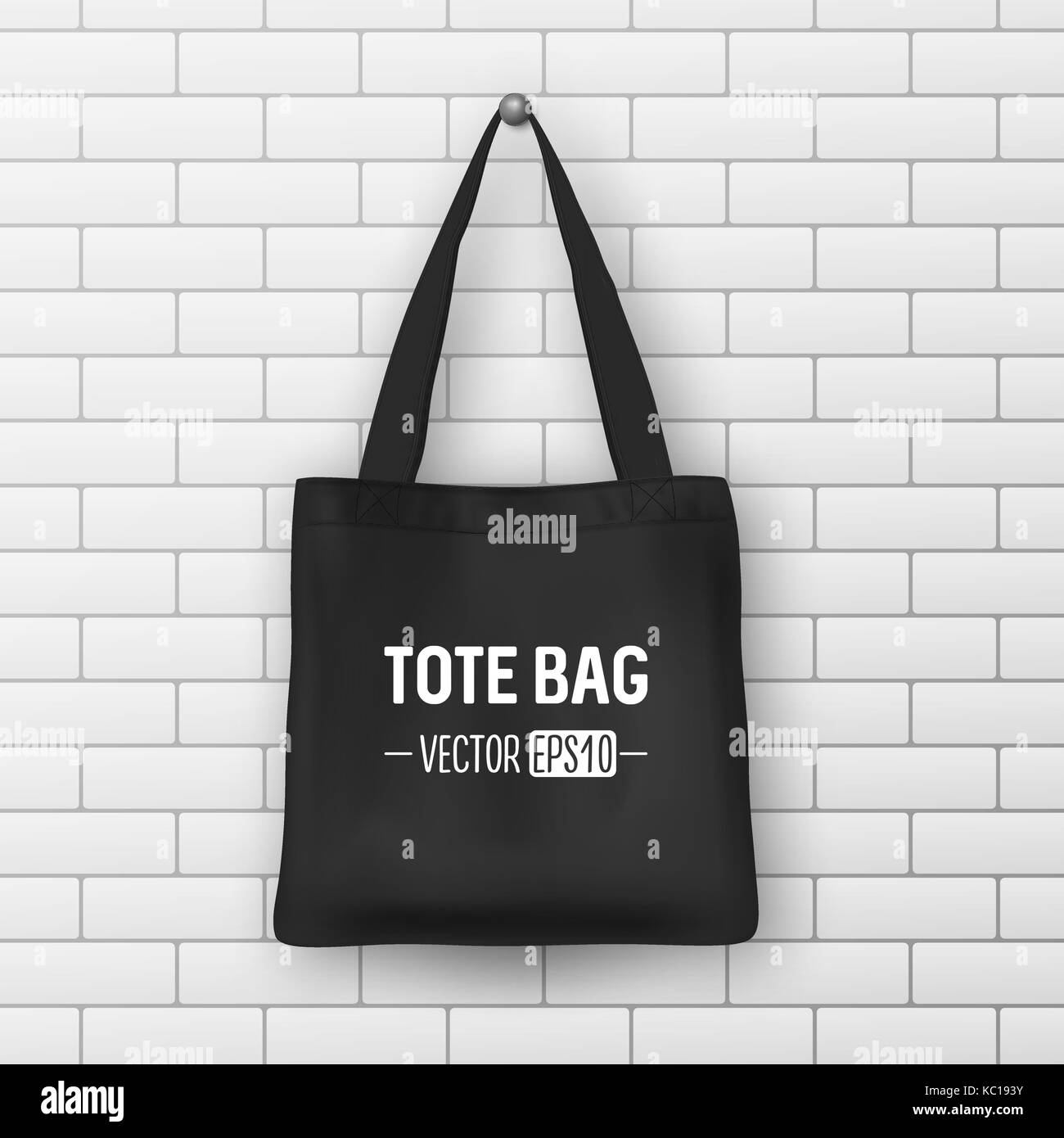 Realistic vector black textile tote bag. Closeup on brick wall background. Design template for branding, mockup. EPS10. Stock Vector
