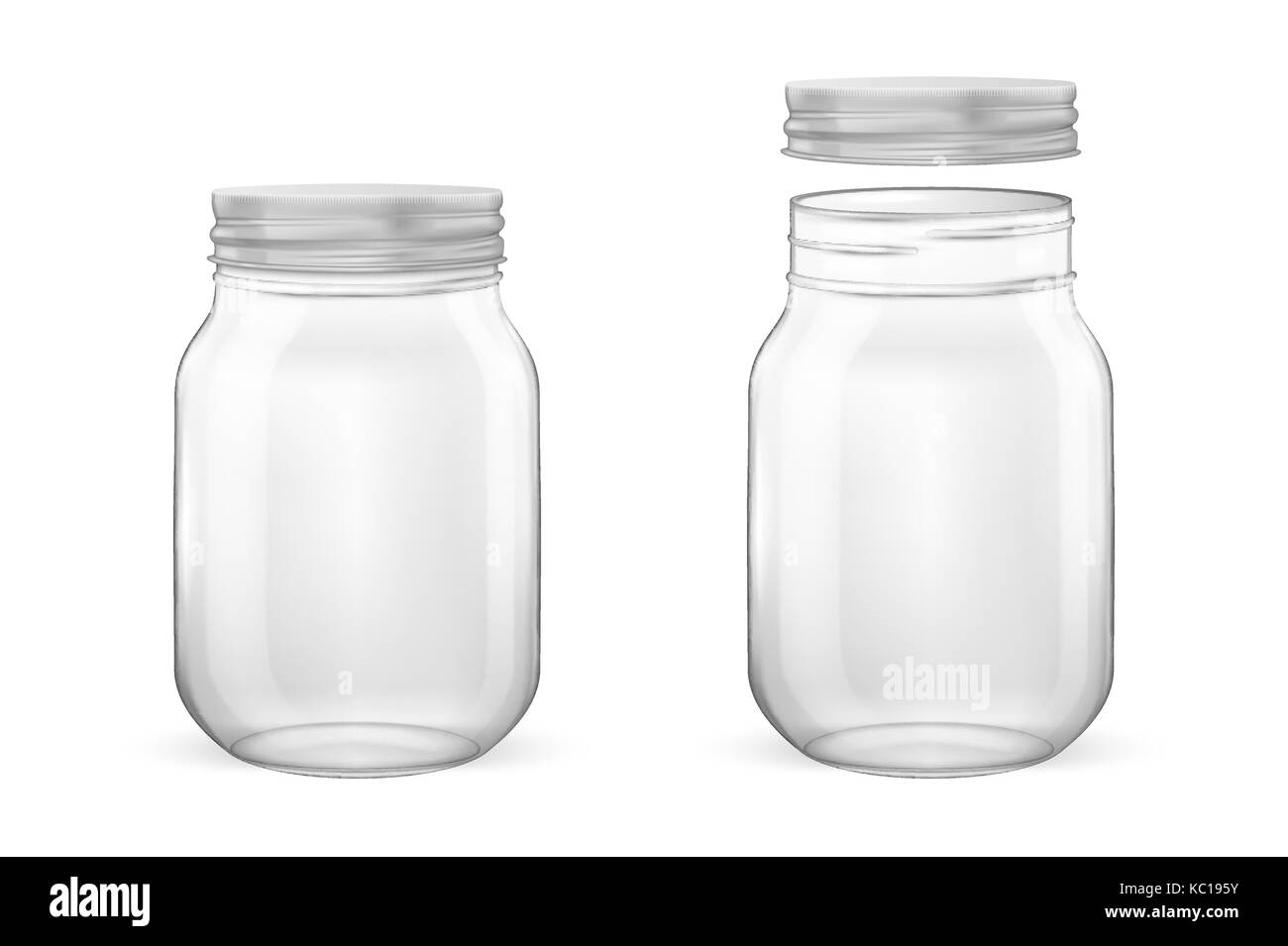 Vector realistic empty glass jar for canning and preserving set with silvery lid - open and closed - closeup isolated on white background. Design template for advertise, branding, mockup. EPS10. Stock Vector