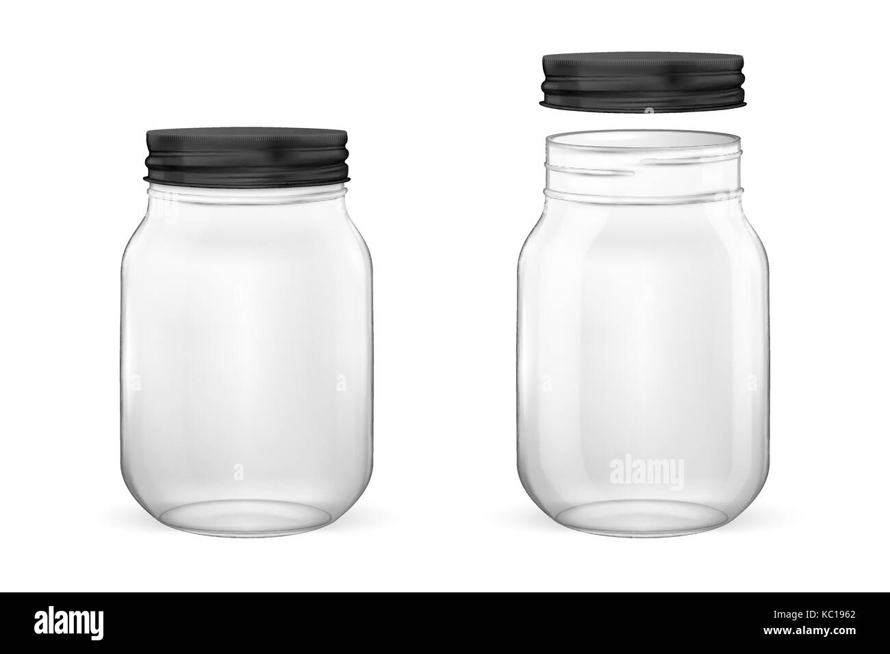 Vector realistic empty glass jar for canning and preserving set with black lid - open and closed - closeup isolated on white background. Design template for advertise, branding, mockup. EPS10. Stock Vector